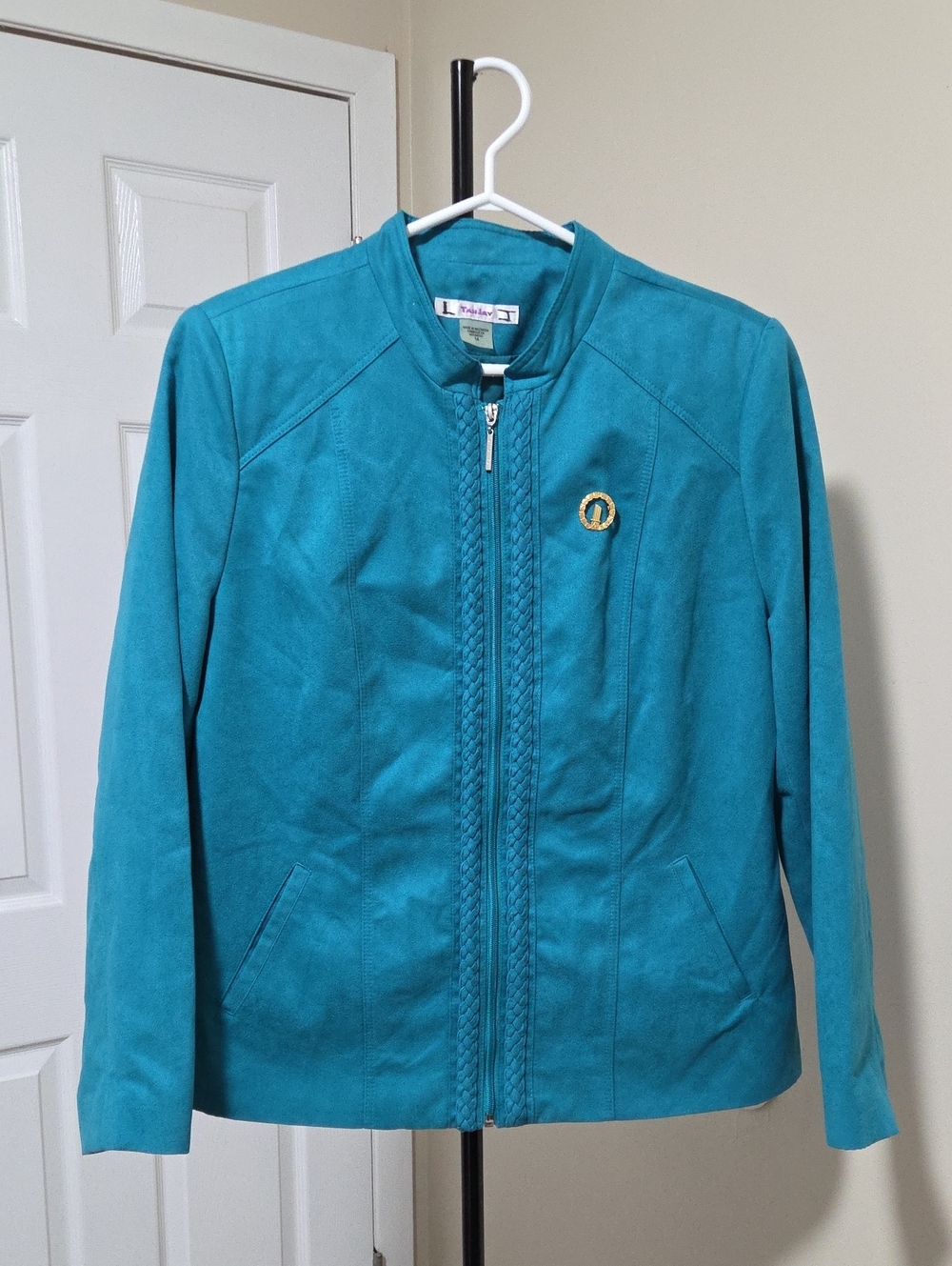 TanJay Teal Zip-Front Bomber Jacket with Braided Trim